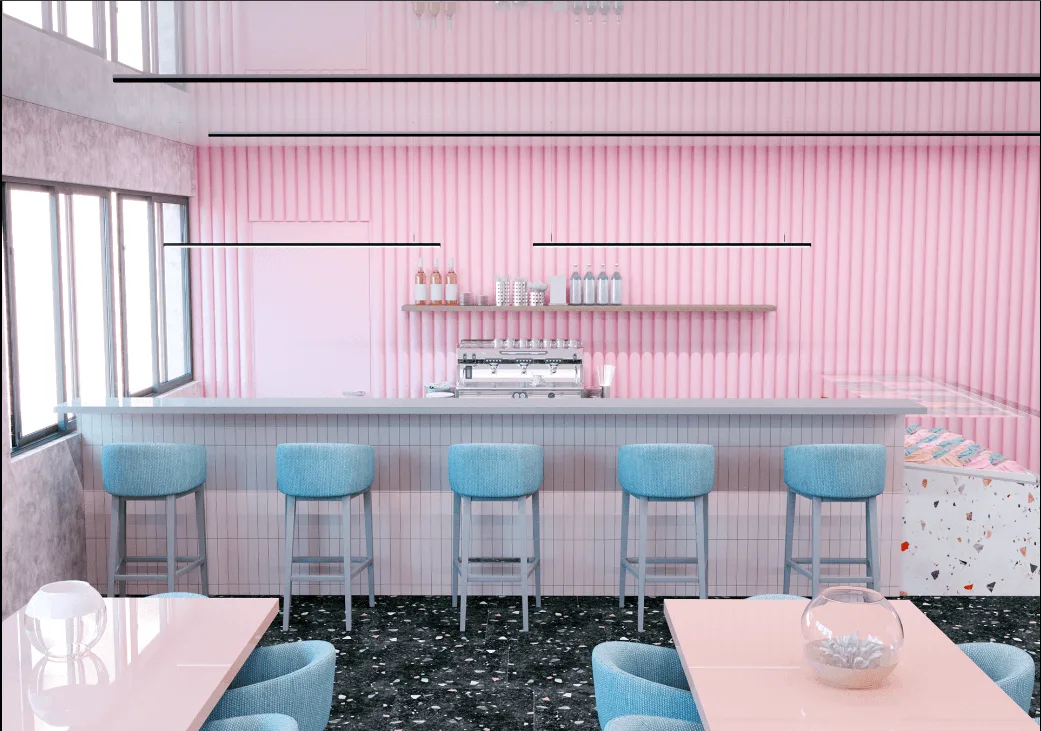 Custom Pastel Coffee Shop Counter Design | Pink Wall Bar with Blue Stools and Marble Floor