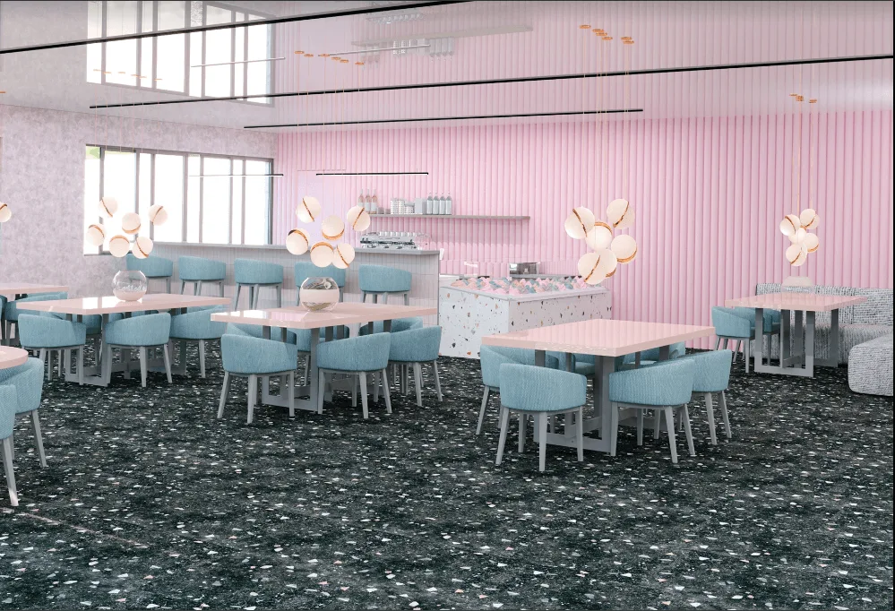 Custom Pastel Coffee Shop Counter Design | Pink Wall Bar with Blue Stools and Marble Floor — view 2