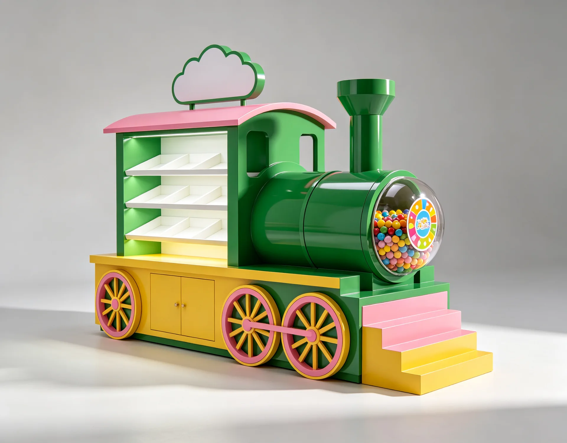 Custom Train-Shaped Candy Kiosk – Colorful Mobile Sweet Shop with Glass Dome & Acrylic Display for Malls