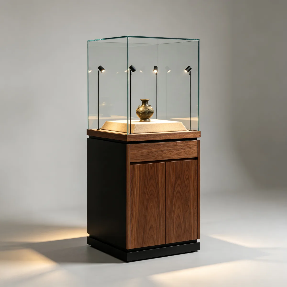 Custom Walnut Veneer Museum Display Case, Freestanding Glass Exhibit Showcase with Drawer — view 3
