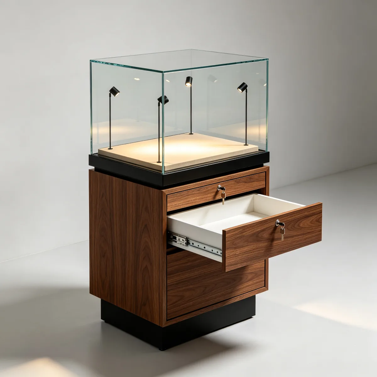 Custom Walnut Veneer Museum Display Case, Freestanding Glass Exhibit Showcase with Drawer — view 2