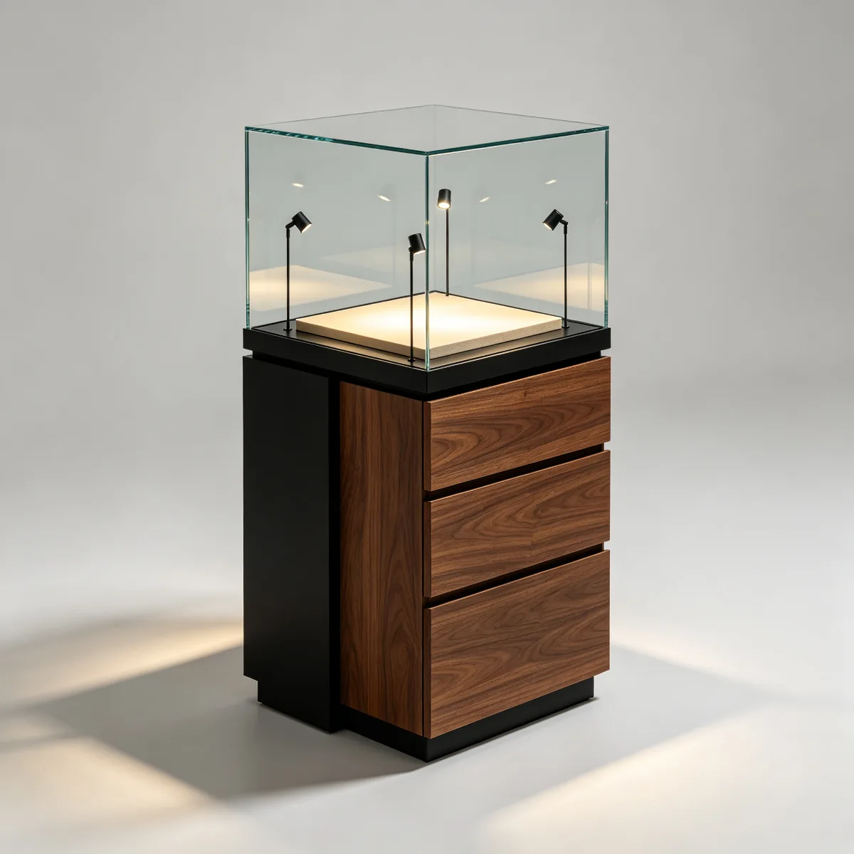 Custom Walnut Veneer Museum Display Case, Freestanding Glass Exhibit Showcase with Drawer — view 4