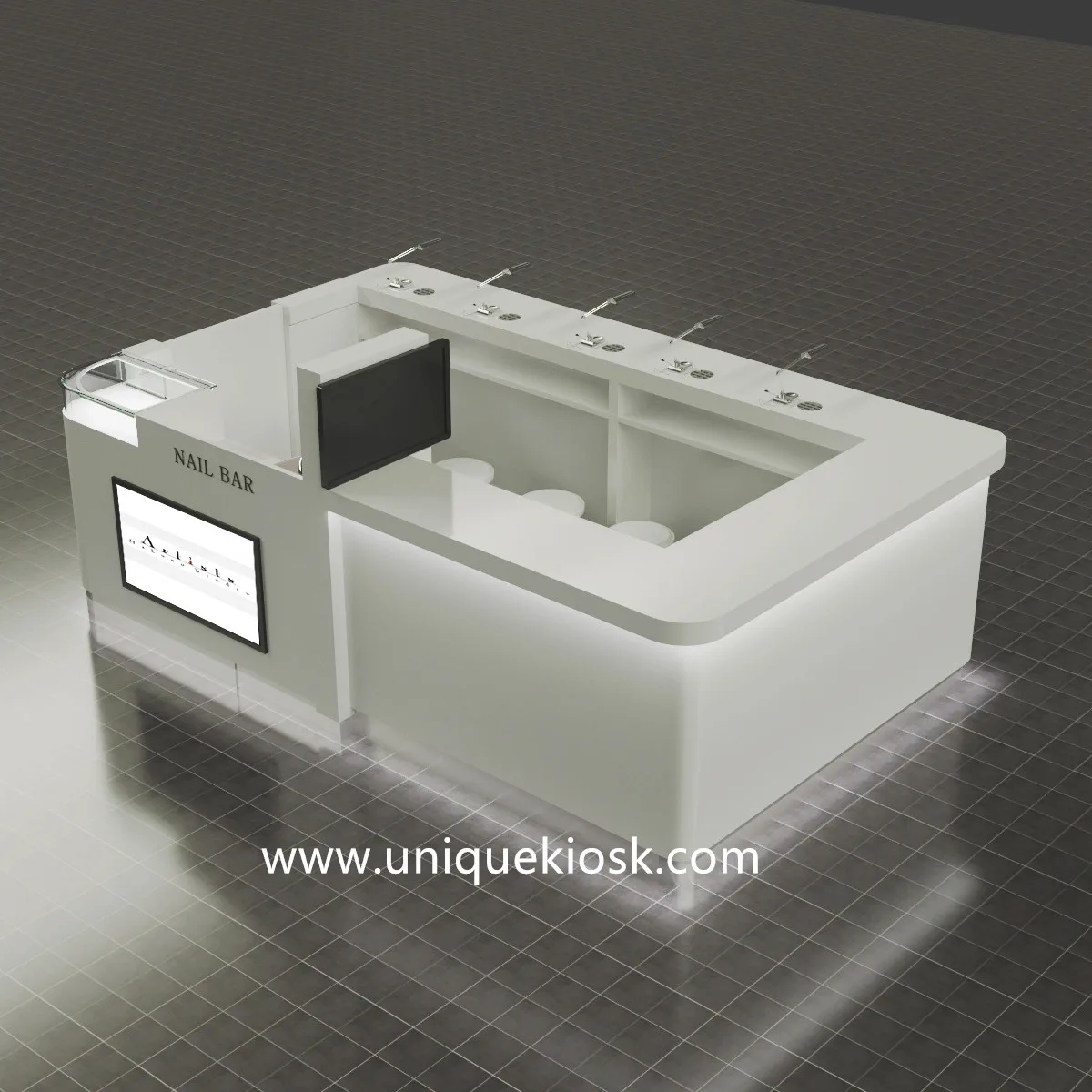 Custom White Nail Kiosk: Mall Nail Bar Station with LED Light, Sink & Manicure Table — view 2