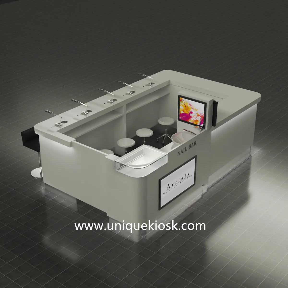 Custom White Nail Kiosk: Mall Nail Bar Station with LED Light, Sink & Manicure Table