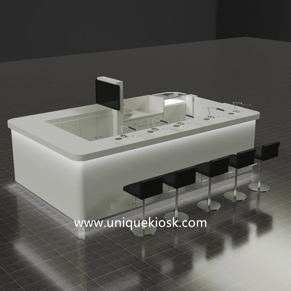Custom White Nail Kiosk: Mall Nail Bar Station with LED Light, Sink & Manicure Table — view 3