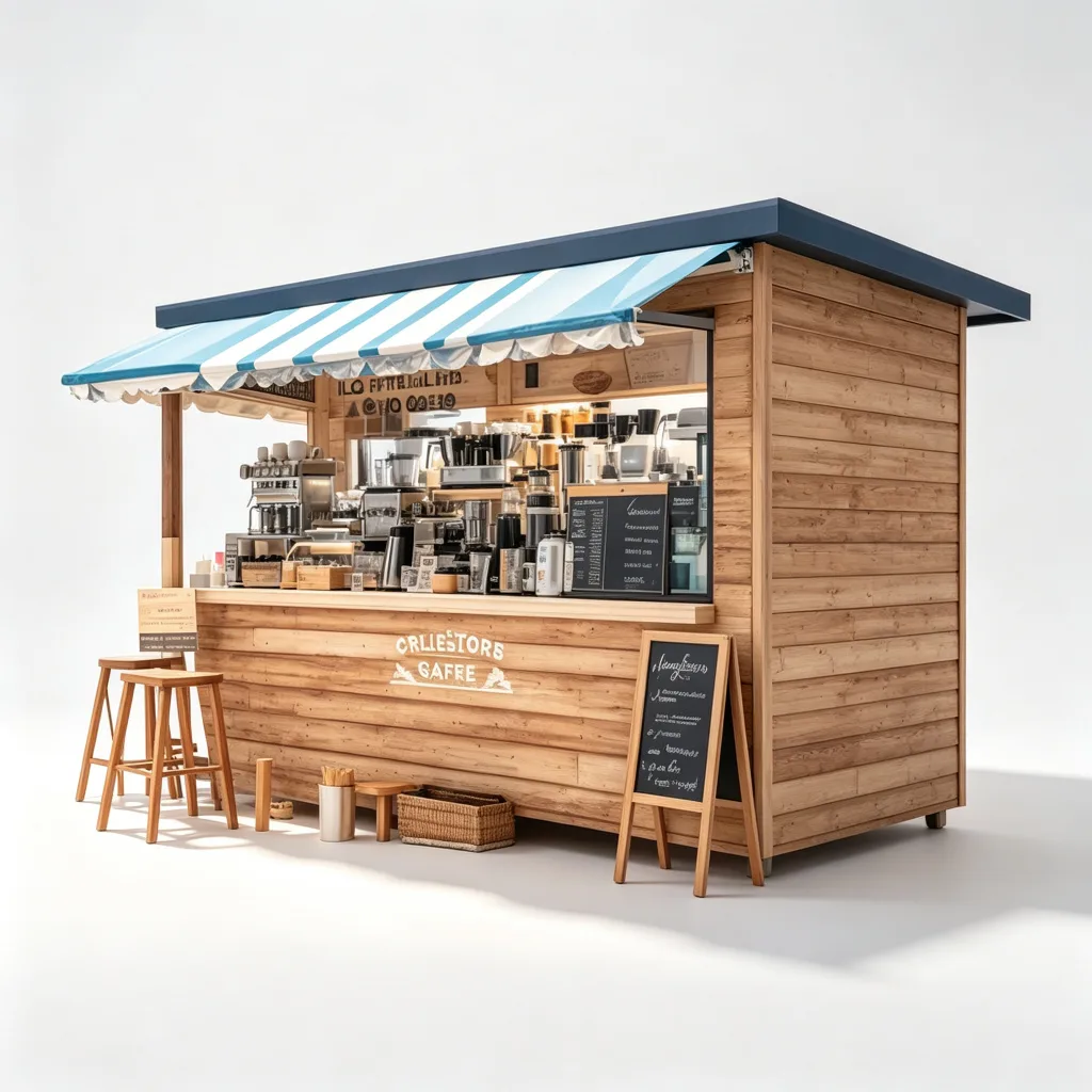 Custom Wooden Outdoor Beach Kiosk 3000x2000x2500mm with Striped Awning — view 4