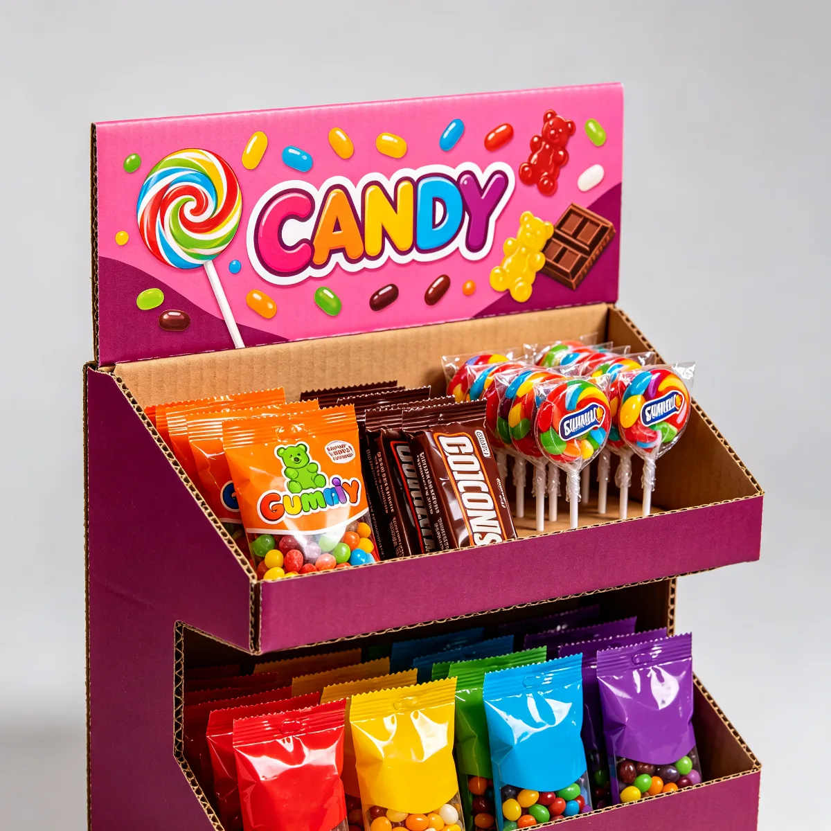 Customized cardboard candy display shelf Retail store display stand — view 3
