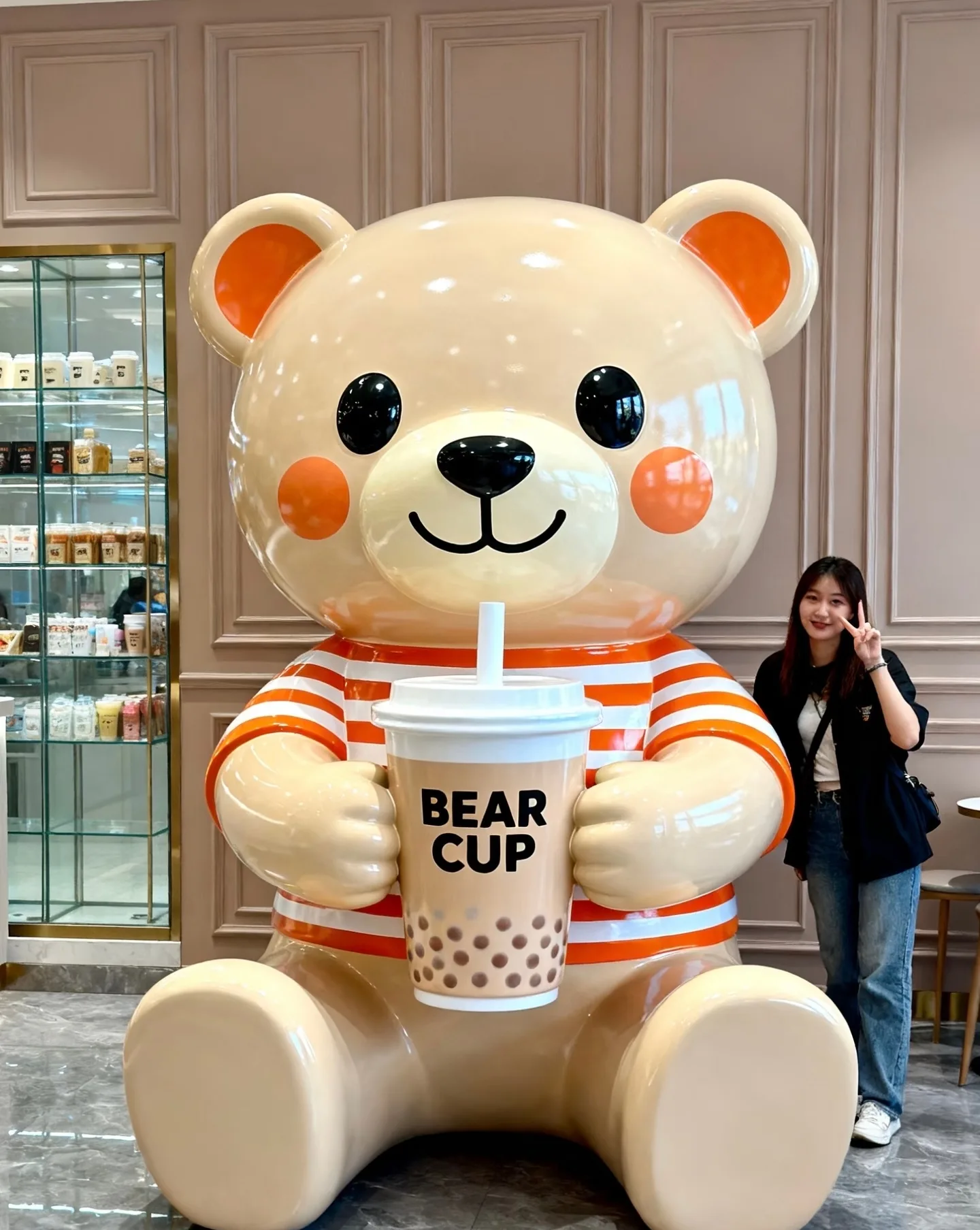 Cute Bear Fiberglass Sculpture for Milk Tea Shop — view 3