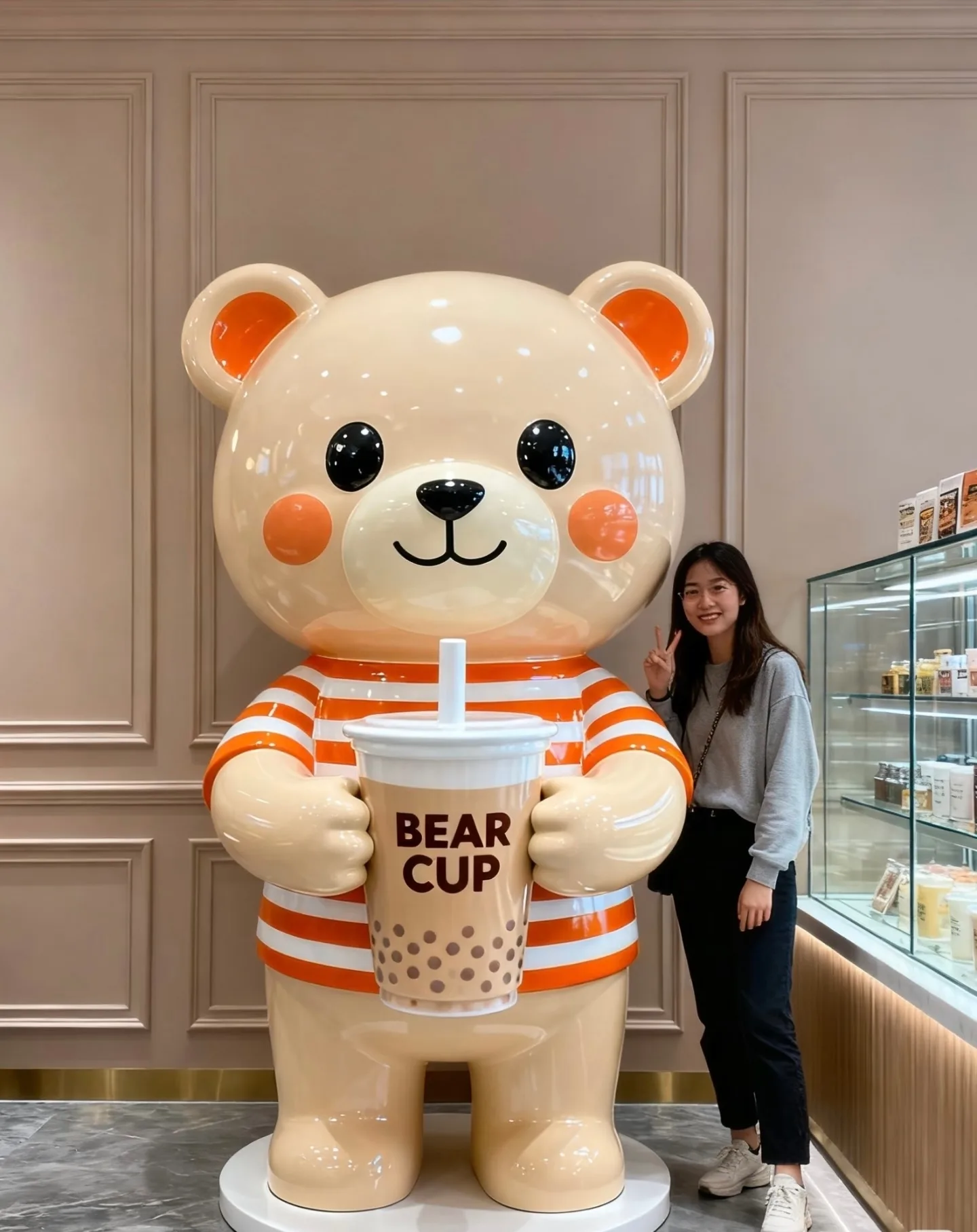 Cute Bear Fiberglass Sculpture for Milk Tea Shop — view 5