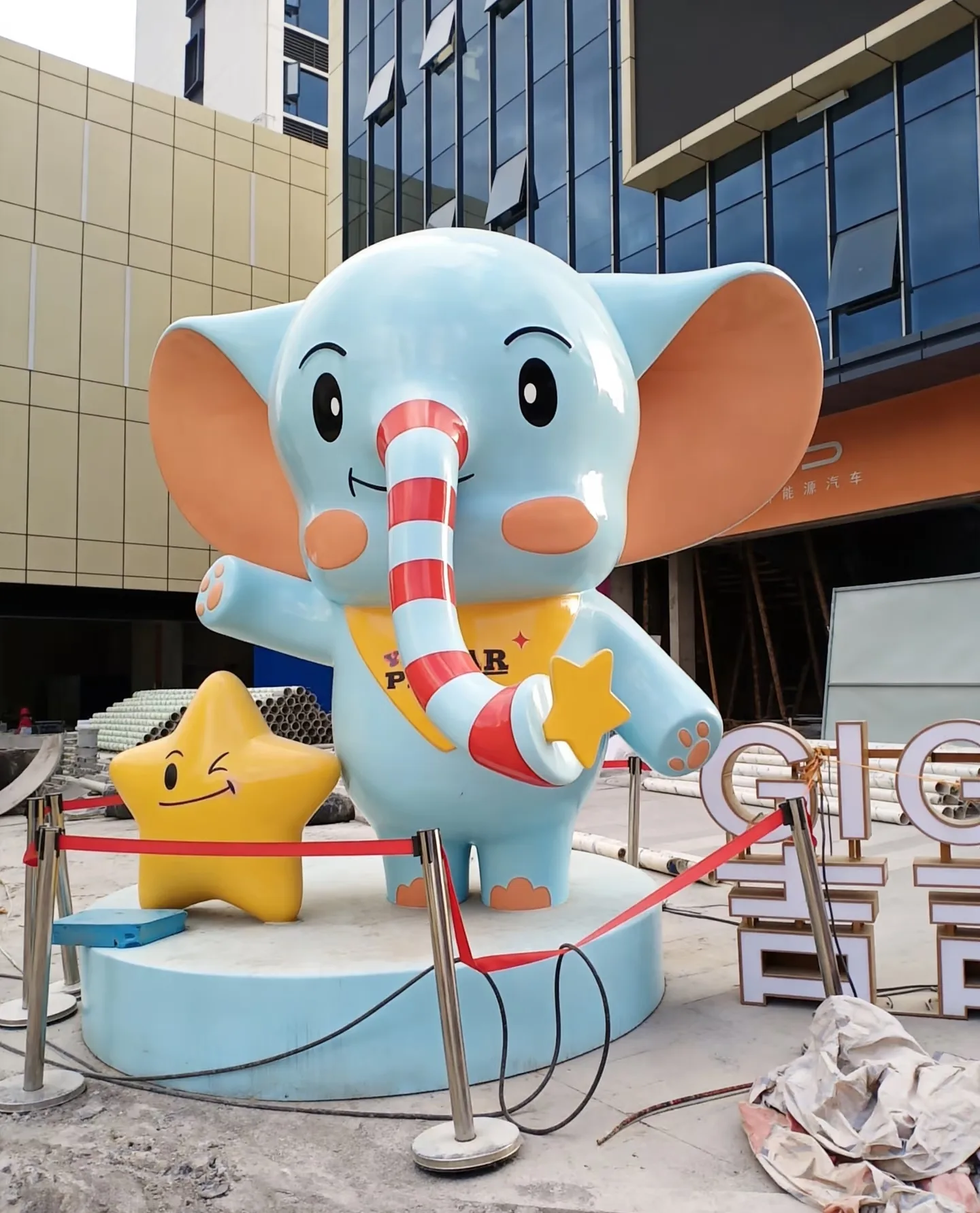 Cute Cartoon Blue Elephant Fiberglass Sculpture with Star Companion — view 3
