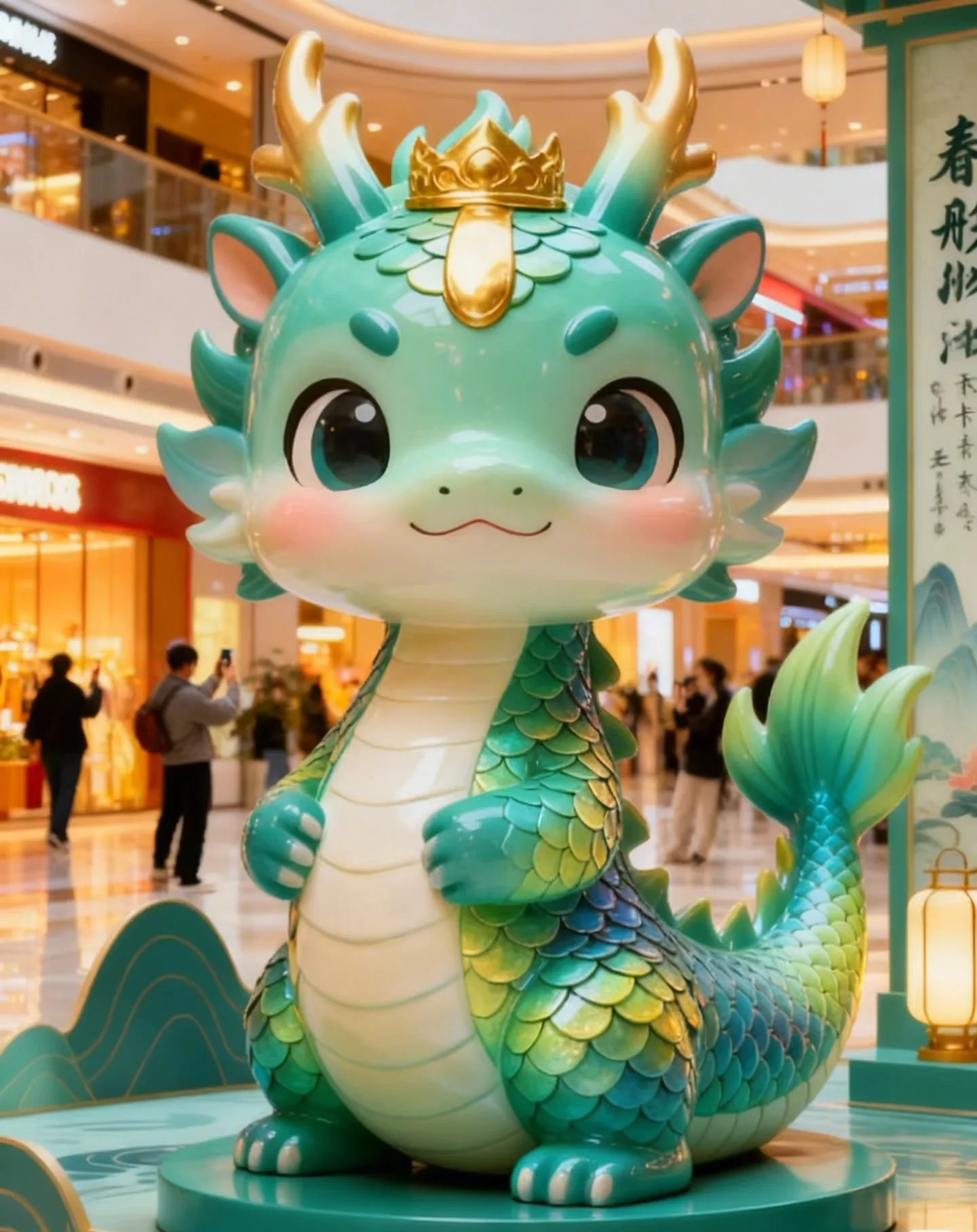 Cute Cartoon Green Dragon Fiberglass Sculpture for Mall & Festival Decor — view 3