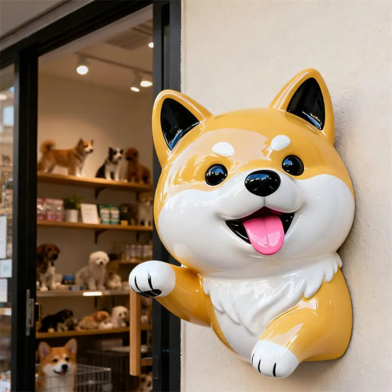 Cute Cartoon Shiba Inu Fiberglass Sculpture, Wall Mounted Fiberglass Dog Statue for Pet Shop, Outdoor Fiberglass Decoration for Pet Store