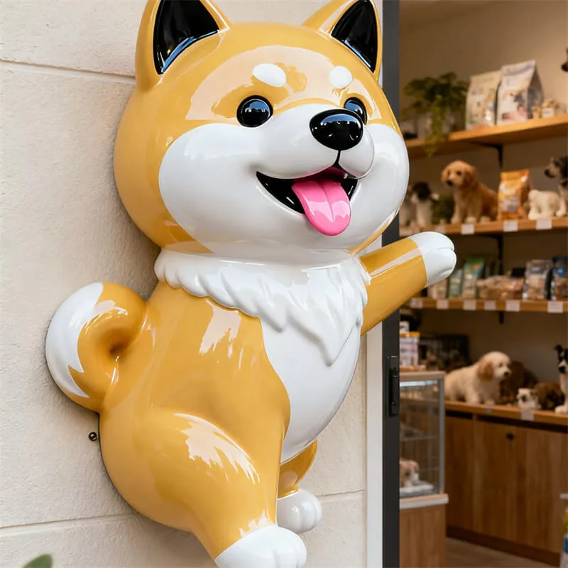 Cute Cartoon Shiba Inu Fiberglass Sculpture, Wall Mounted Fiberglass Dog Statue for Pet Shop, Outdoor Fiberglass Decoration for Pet Store — view 3