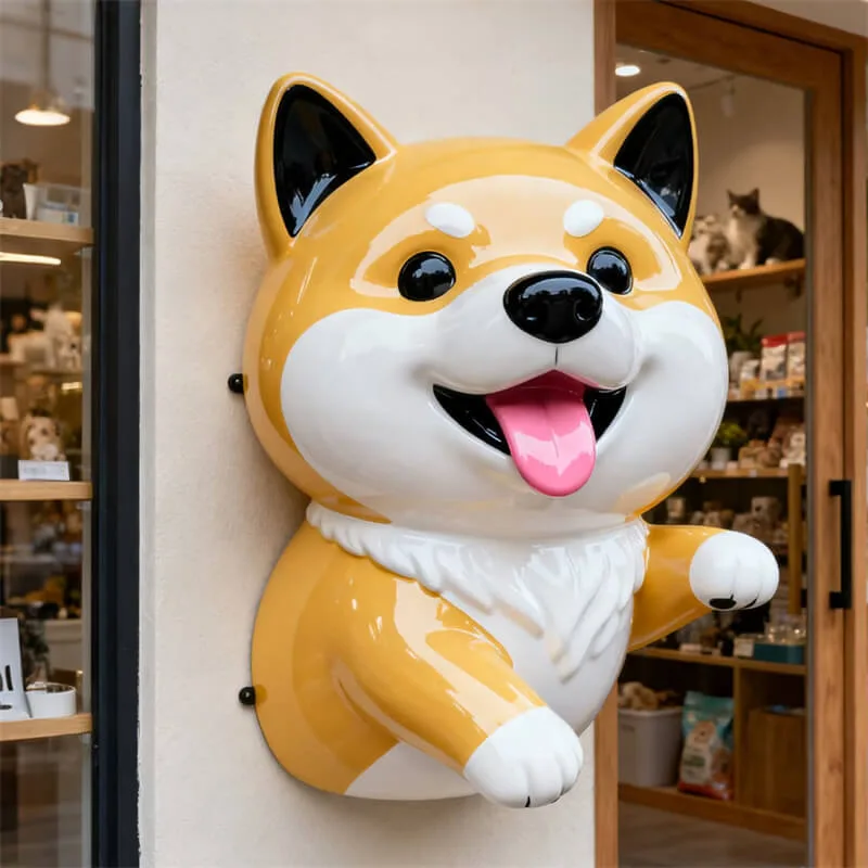 Cute Cartoon Shiba Inu Fiberglass Sculpture, Wall Mounted Fiberglass Dog Statue for Pet Shop, Outdoor Fiberglass Decoration for Pet Store — view 4