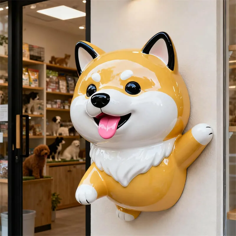 Cute Cartoon Shiba Inu Fiberglass Sculpture, Wall Mounted Fiberglass Dog Statue for Pet Shop, Outdoor Fiberglass Decoration for Pet Store — view 2