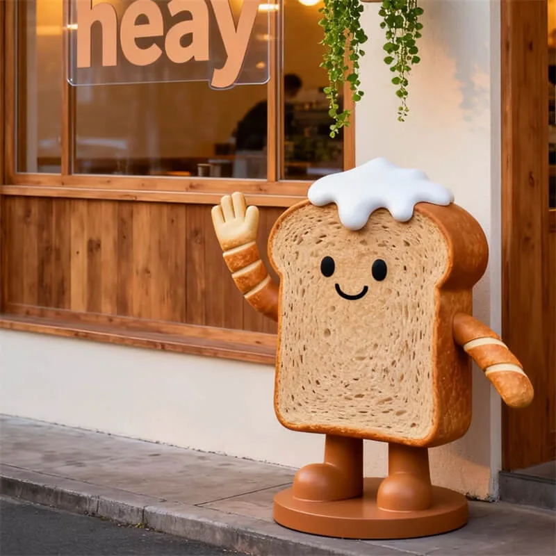 Cute Cartoon Toast Fiberglass Sculpture, Fiberglass Bread Statue for Bakery Shop, Outdoor Fiberglass Decoration for Dessert Store — view 2