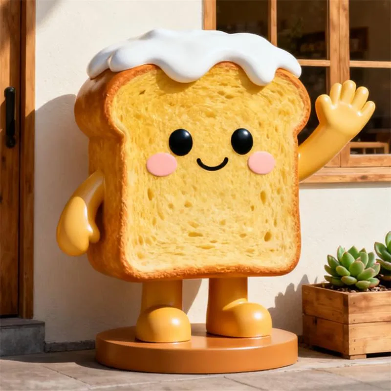 Cute Cartoon Toast Fiberglass Sculpture, Fiberglass Bread Statue for Bakery Shop, Outdoor Fiberglass Decoration for Dessert Store