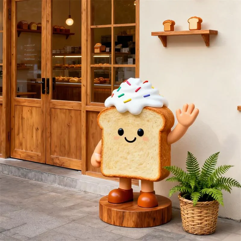 Cute Cartoon Toast Fiberglass Sculpture, Fiberglass Bread Statue for Bakery Shop, Outdoor Fiberglass Decoration for Dessert Store — view 4