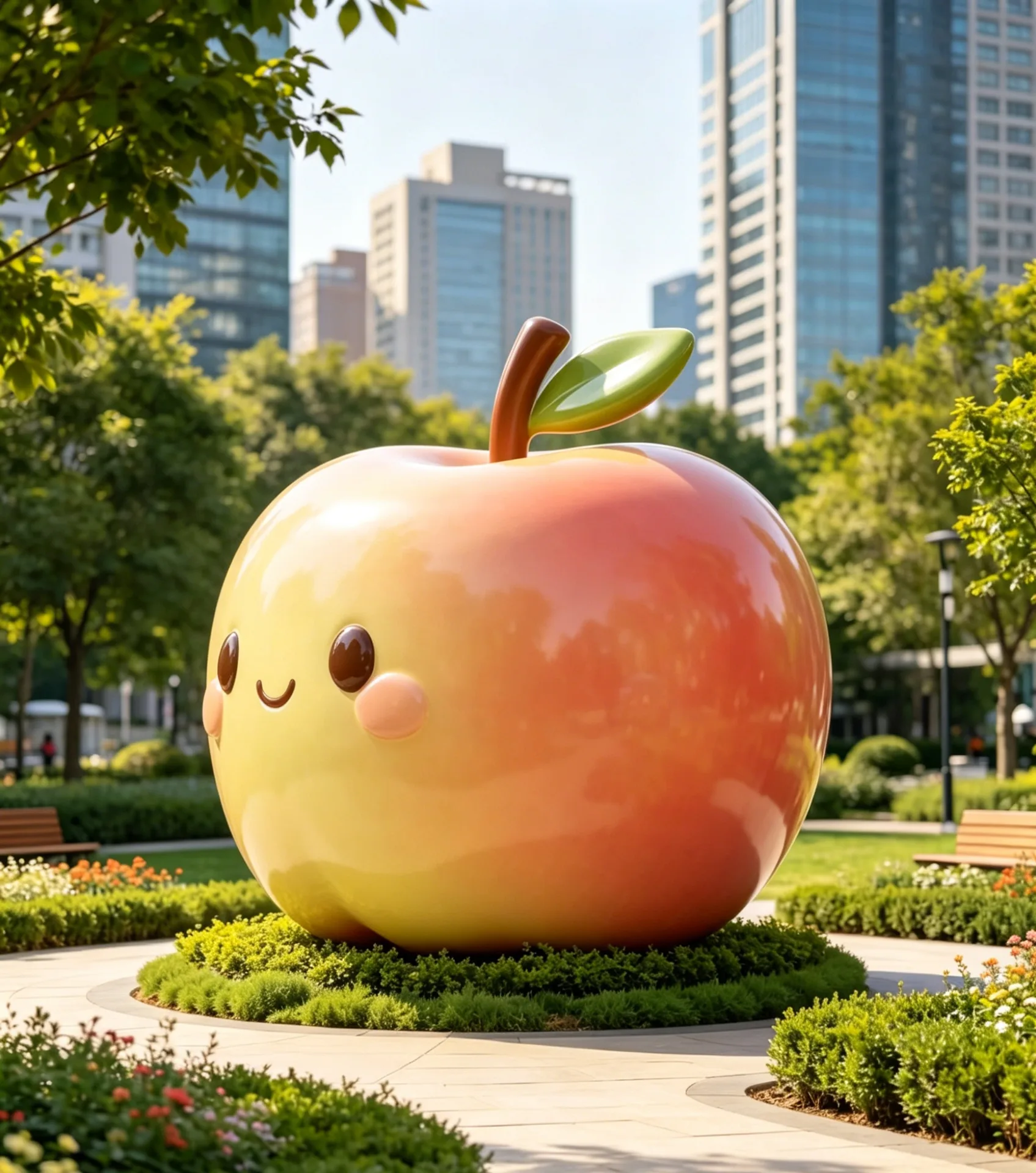 Cute Smiling Giant Apple Fiberglass Sculpture for Urban Parks — view 3