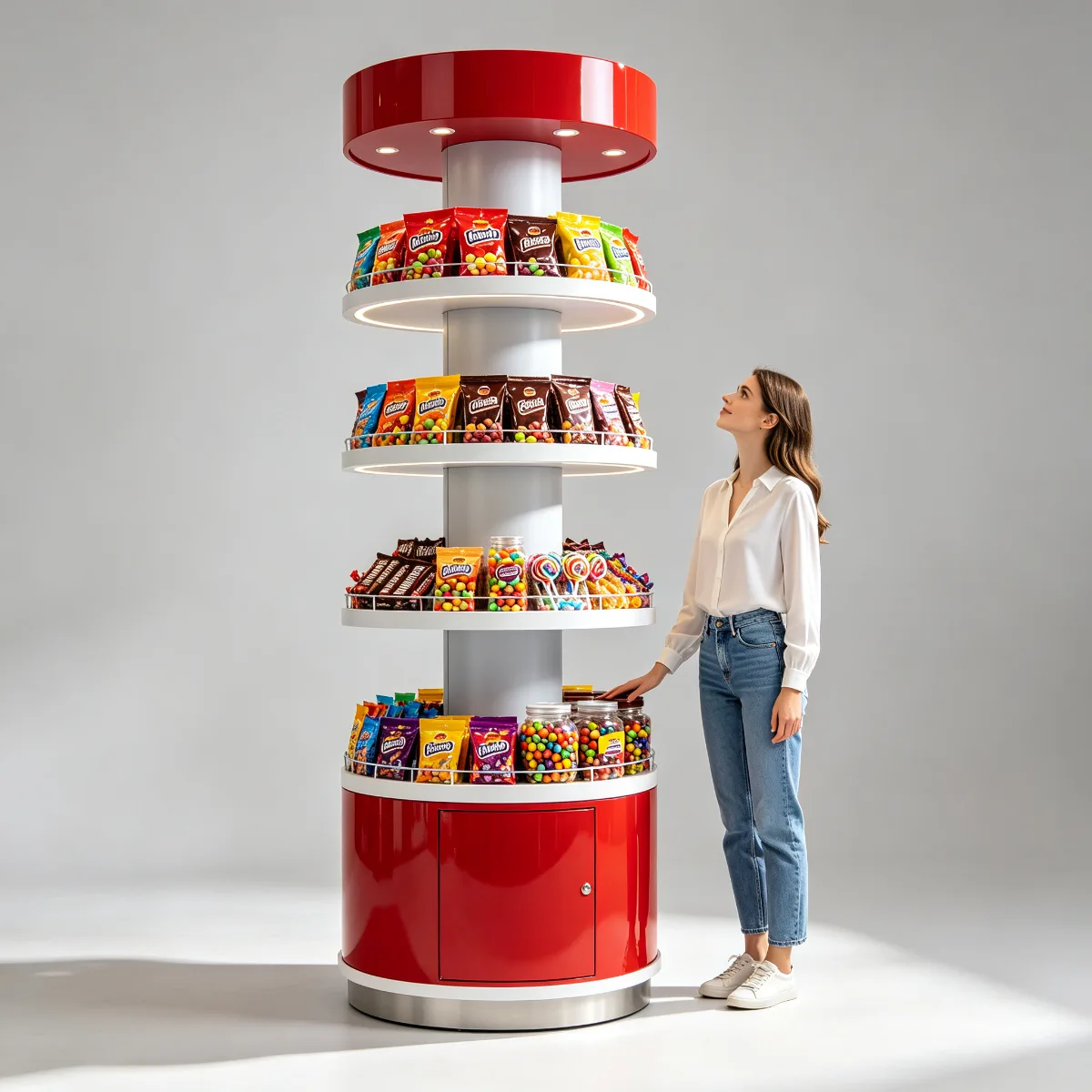 Cylindrical Candy Display Pillar Cabinet Round Shelf Tower for Retail Stores
