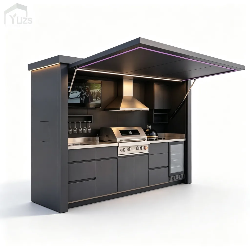 Dark Gray Hydraulic Cantilever Roof BBQ Pod with Purple LED and Kamado — view 4