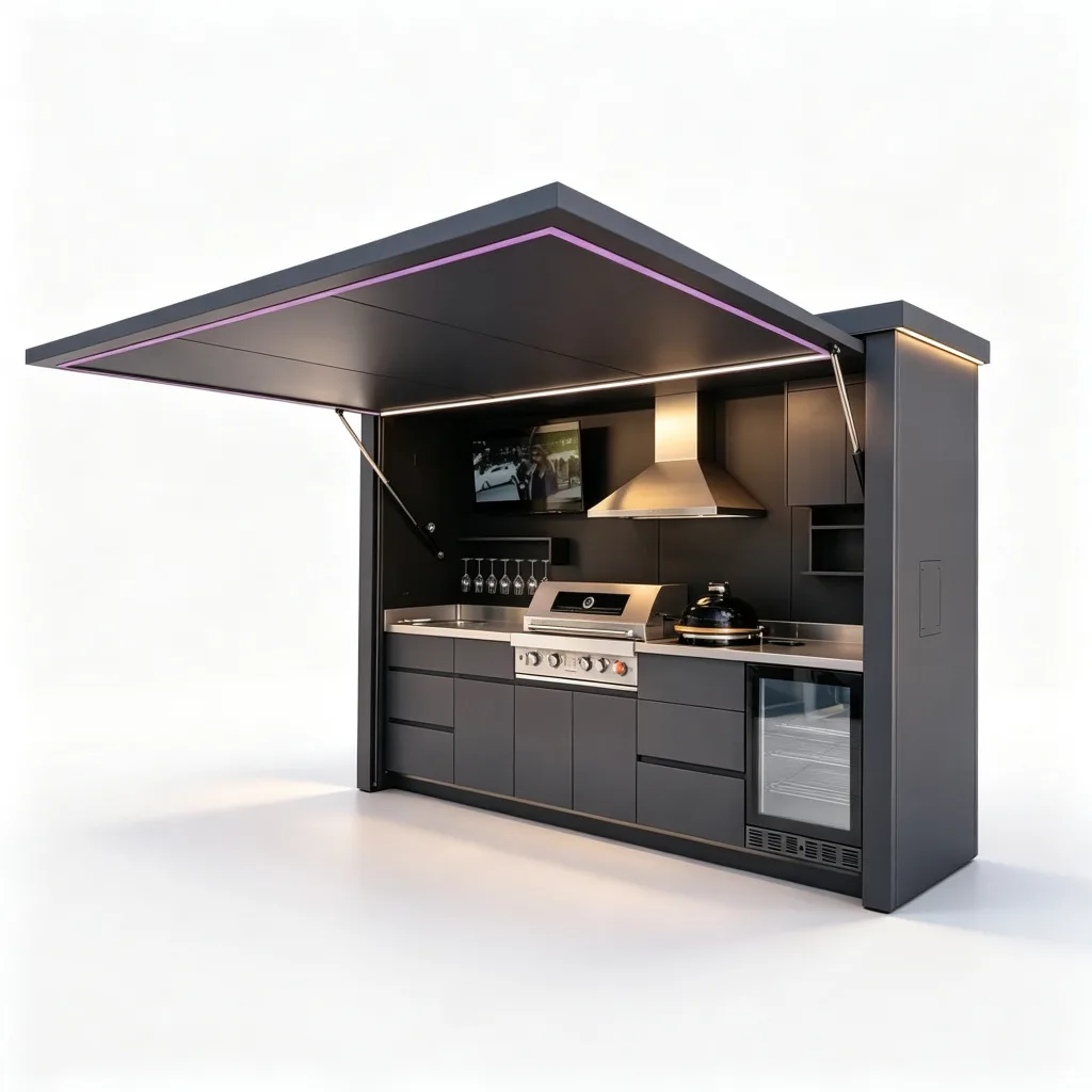 Dark Gray Hydraulic Cantilever Roof BBQ Pod with Purple LED and Kamado — view 3