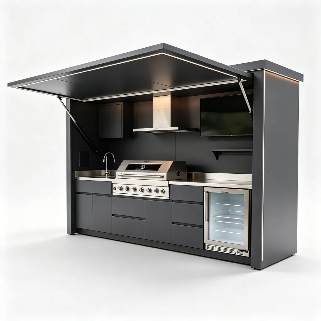 Dark Gray Hydraulic Roof BBQ Pod with 6-Burner Grill and Sink — view 4