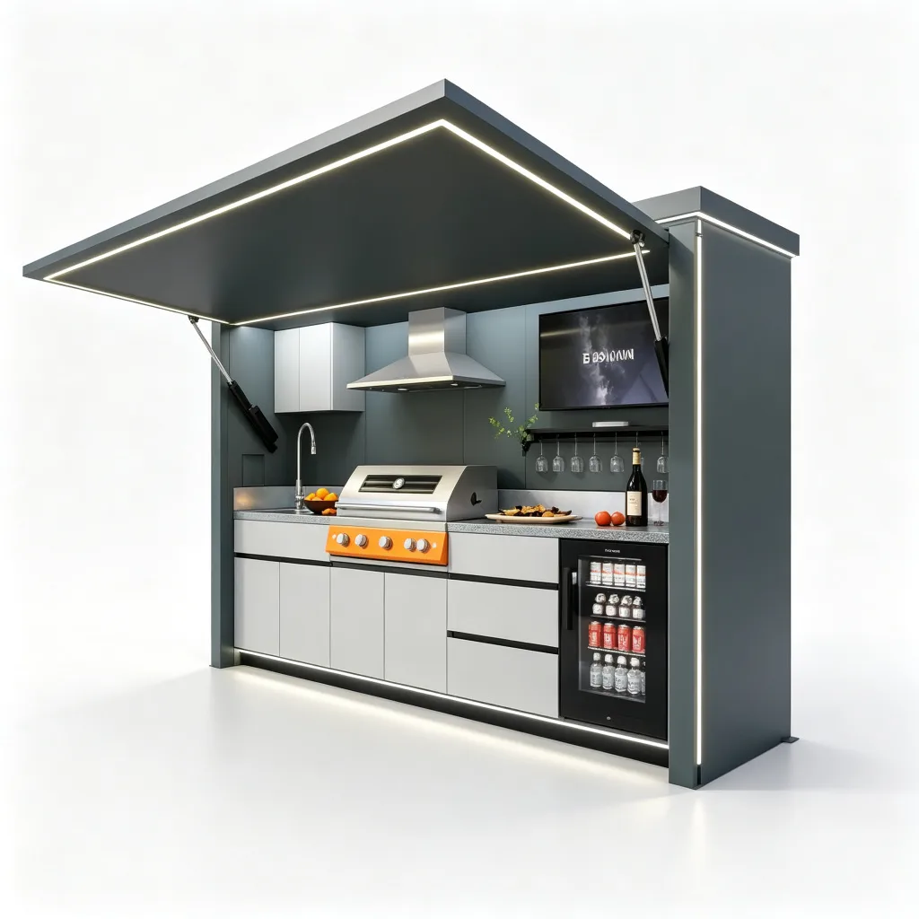 Dark Gray White Cabinet BBQ Pod with Orange Accent and LED Roof — view 4