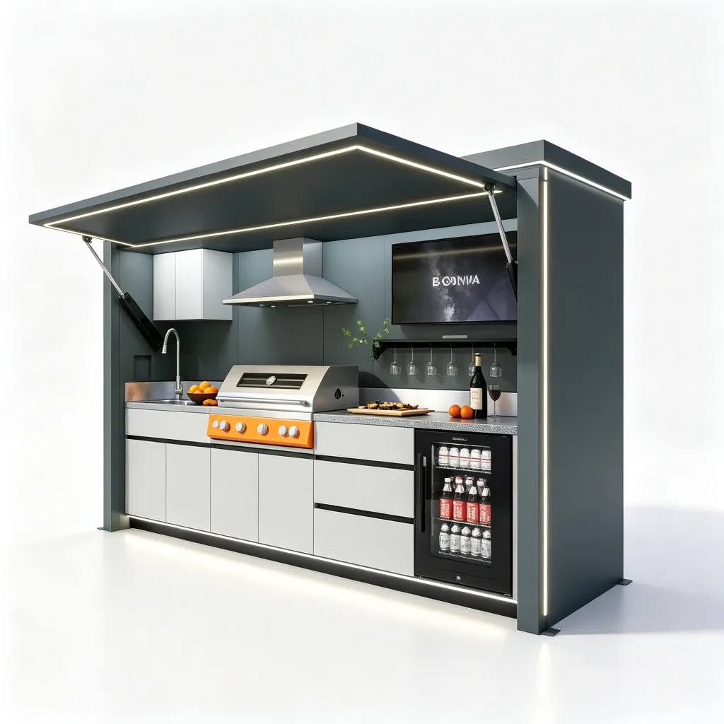 Dark Gray White Cabinet BBQ Pod with Orange Accent and LED Roof — view 3