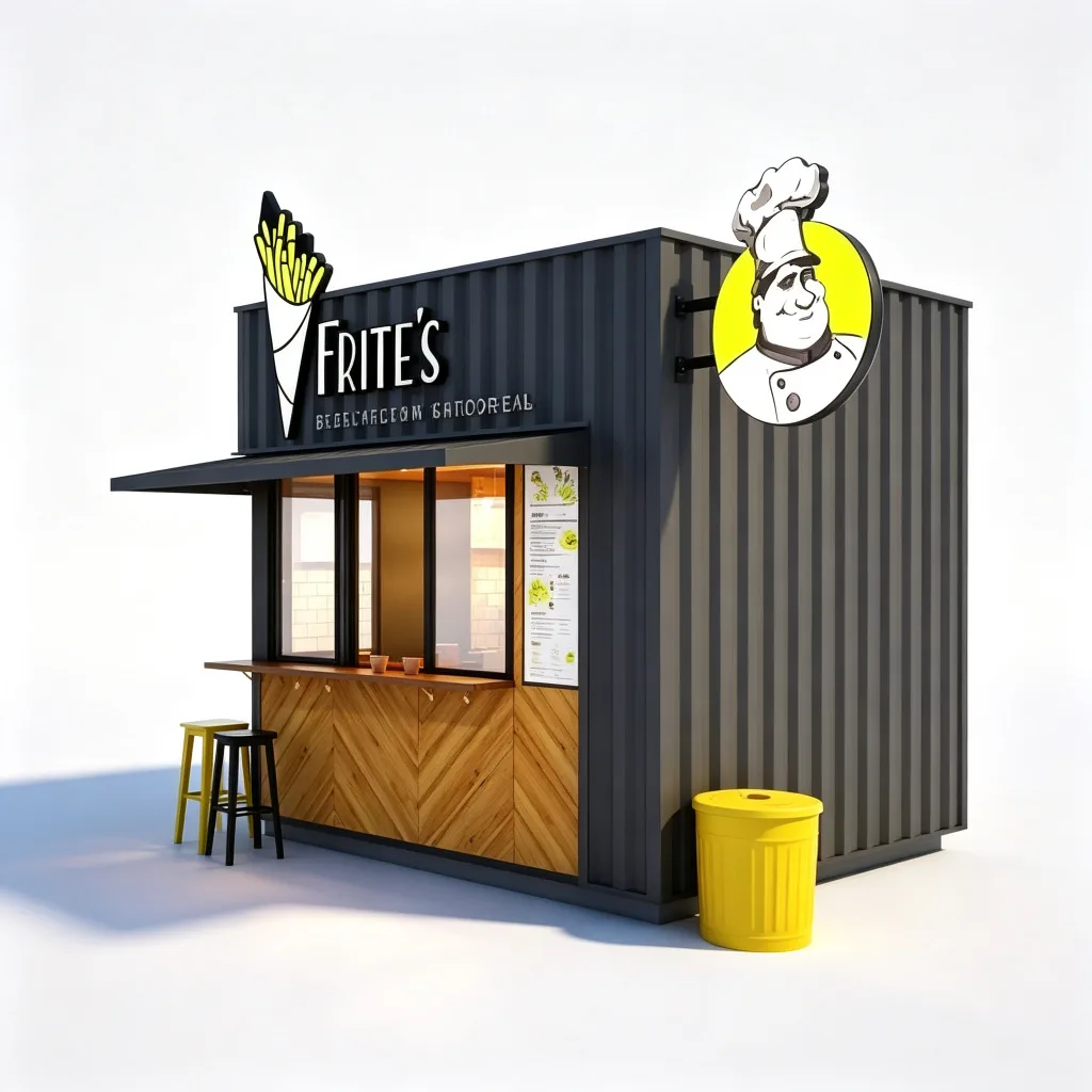 Dark Gray Wood Belgian Fries Kiosk with Bar Seating and Container Design — view 3
