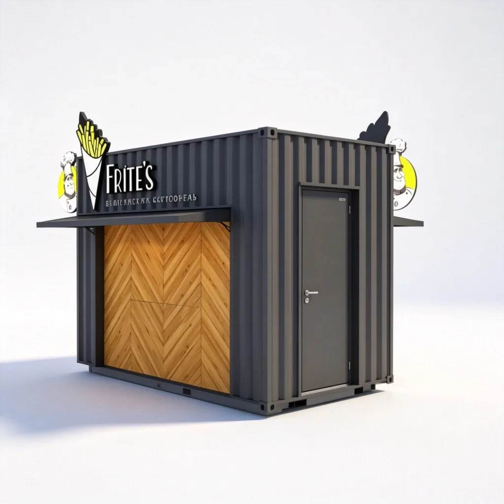 Dark Gray Wood Belgian Fries Kiosk with Bar Seating and Container Design — view 4