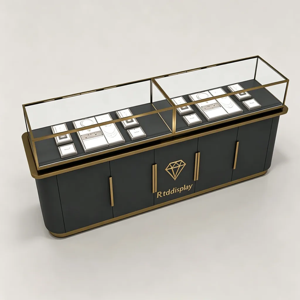 Dark Grey Long Jewelry Display Counter Dual Glass Compartment Gold Handles — view 4