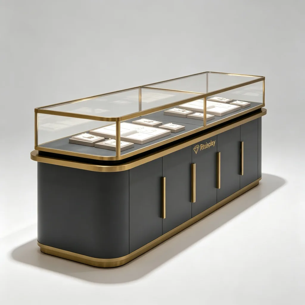 Dark Grey Long Jewelry Display Counter Dual Glass Compartment Gold Handles — view 3