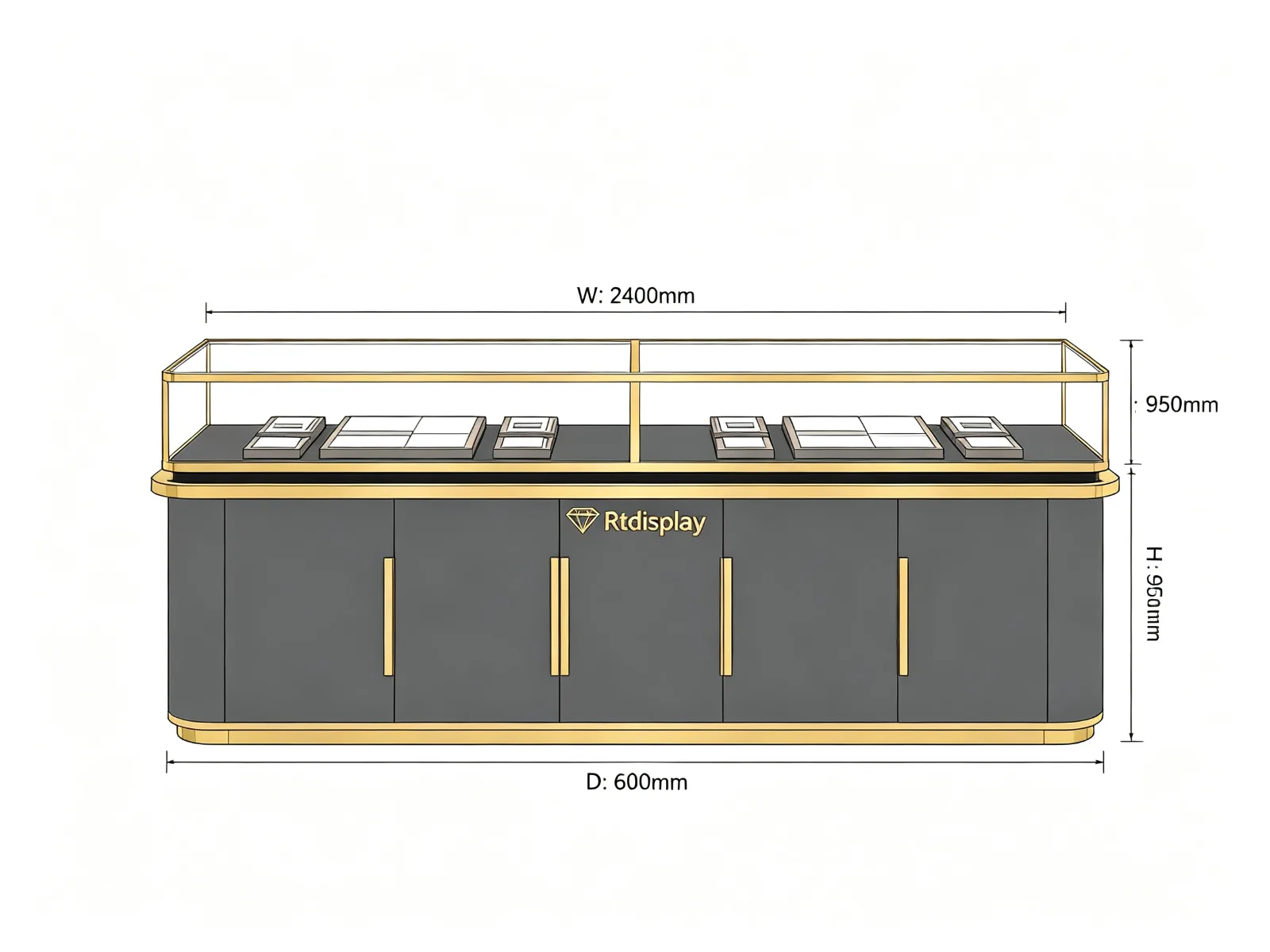Dark Grey Long Jewelry Display Counter Dual Glass Compartment Gold Handles — product detail 1