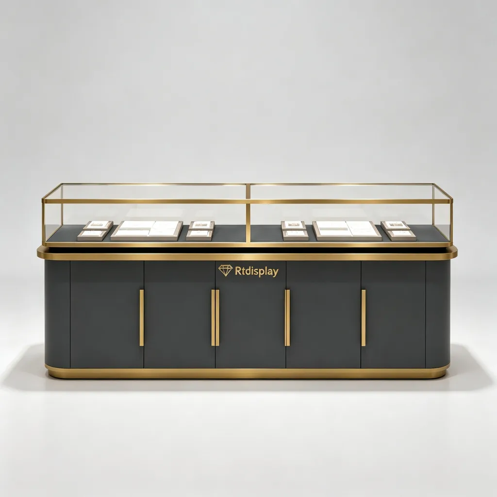 Dark Grey Long Jewelry Display Counter Dual Glass Compartment Gold Handles