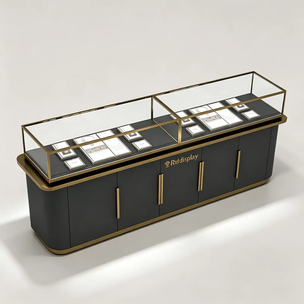 Dark Grey Long Jewelry Display Counter Dual Glass Compartment Gold Handles — view 2