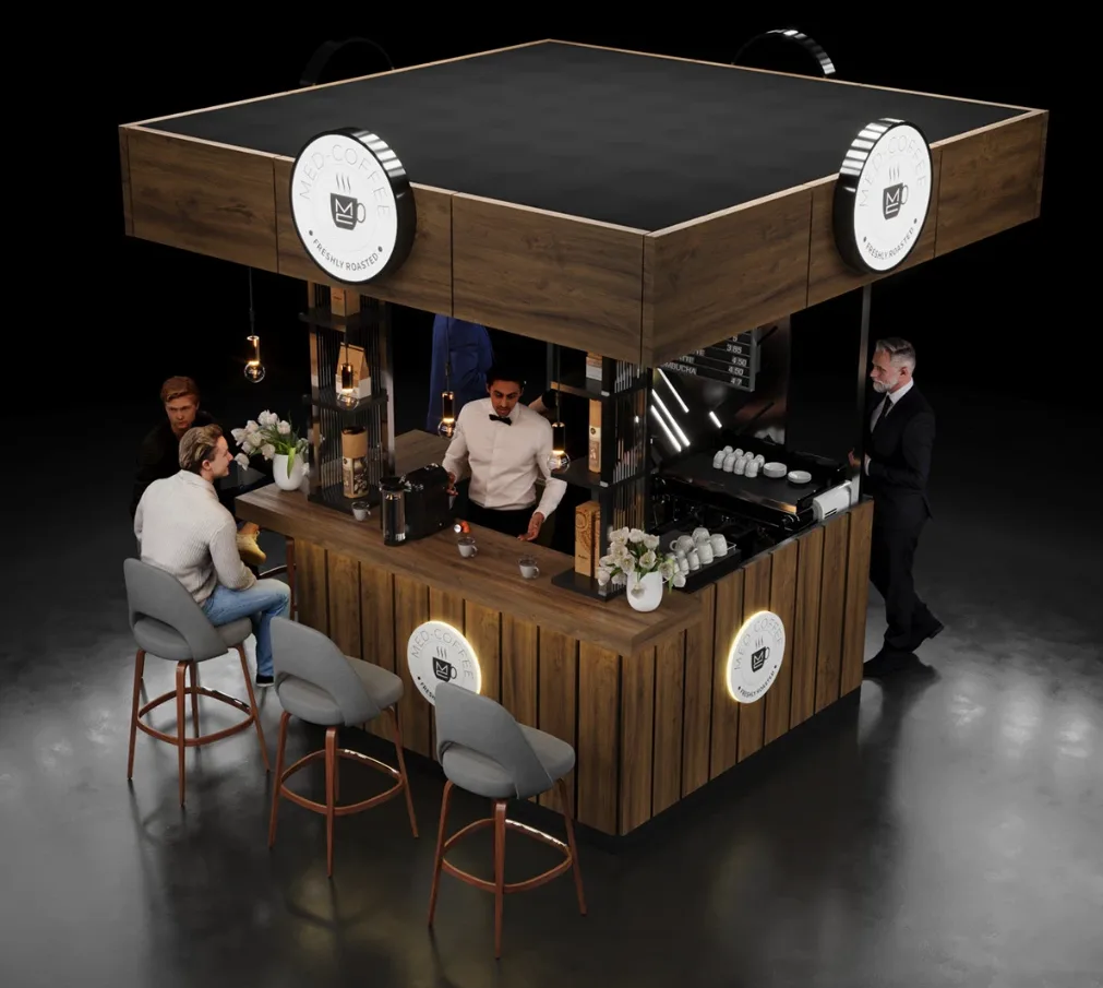 Dark Walnut & Black Steel Coffee Kiosk — Illuminated Logo, Bar Seating, Mall-Ready Commercial Build — view 3