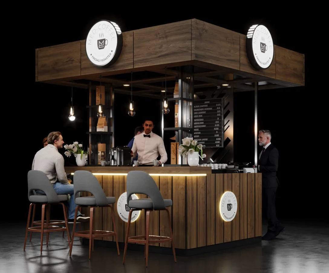 Dark Walnut & Black Steel Coffee Kiosk — Illuminated Logo, Bar Seating, Mall-Ready Commercial Build — view 2