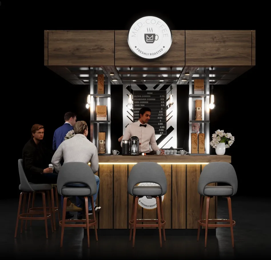 Dark Walnut & Black Steel Coffee Kiosk — Illuminated Logo, Bar Seating, Mall-Ready Commercial Build