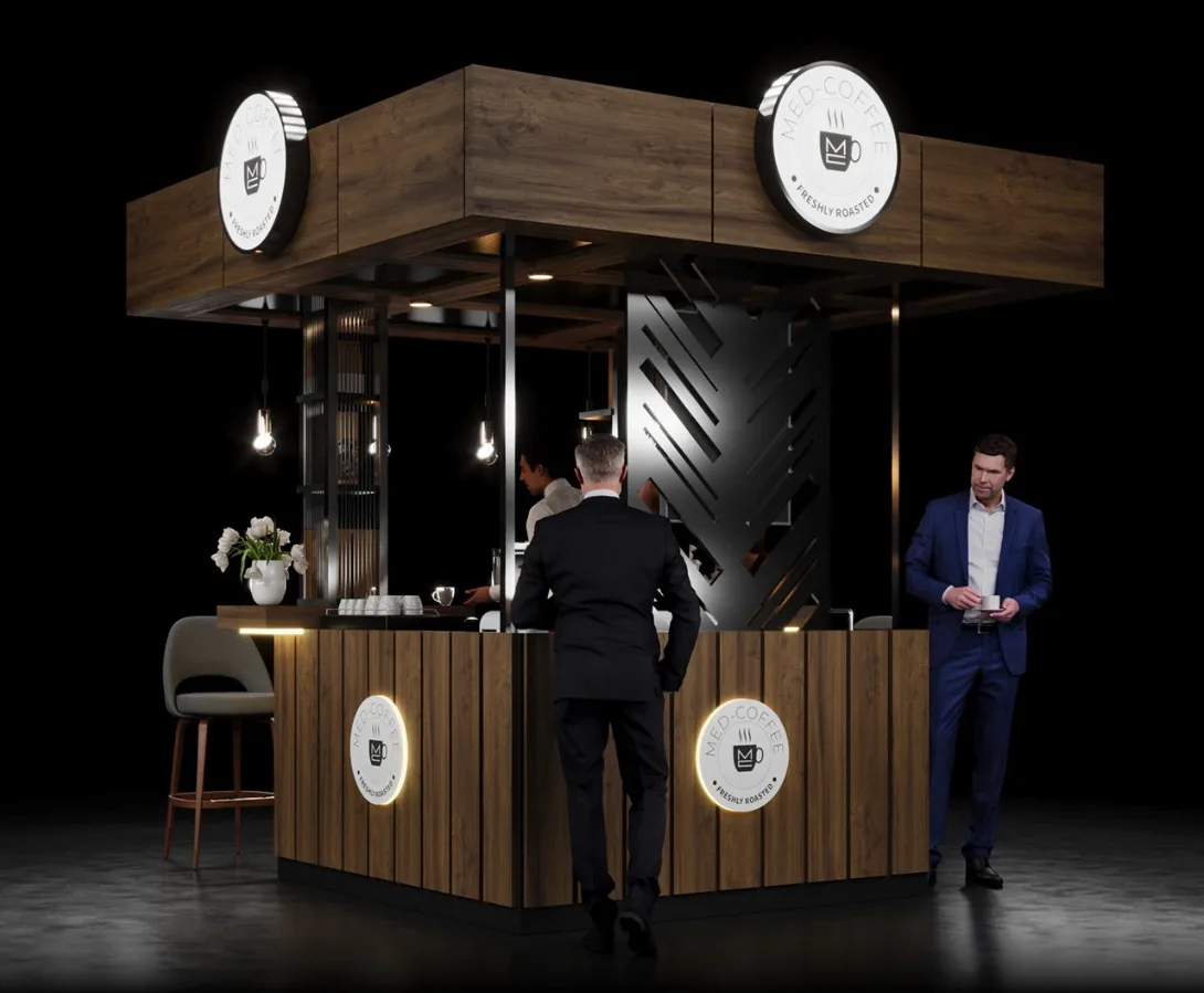 Dark Walnut & Black Steel Coffee Kiosk — Illuminated Logo, Bar Seating, Mall-Ready Commercial Build — view 4