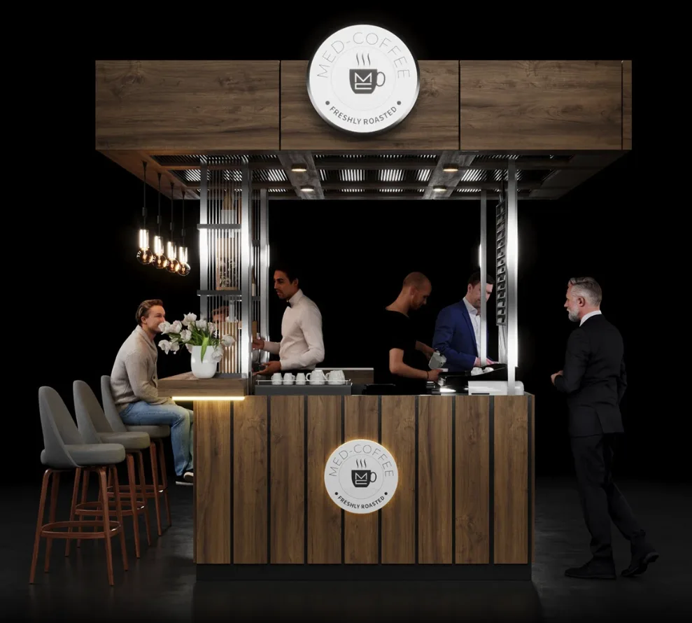 Dark Walnut & Black Steel Coffee Kiosk — Illuminated Logo, Bar Seating, Mall-Ready Commercial Build — view 5