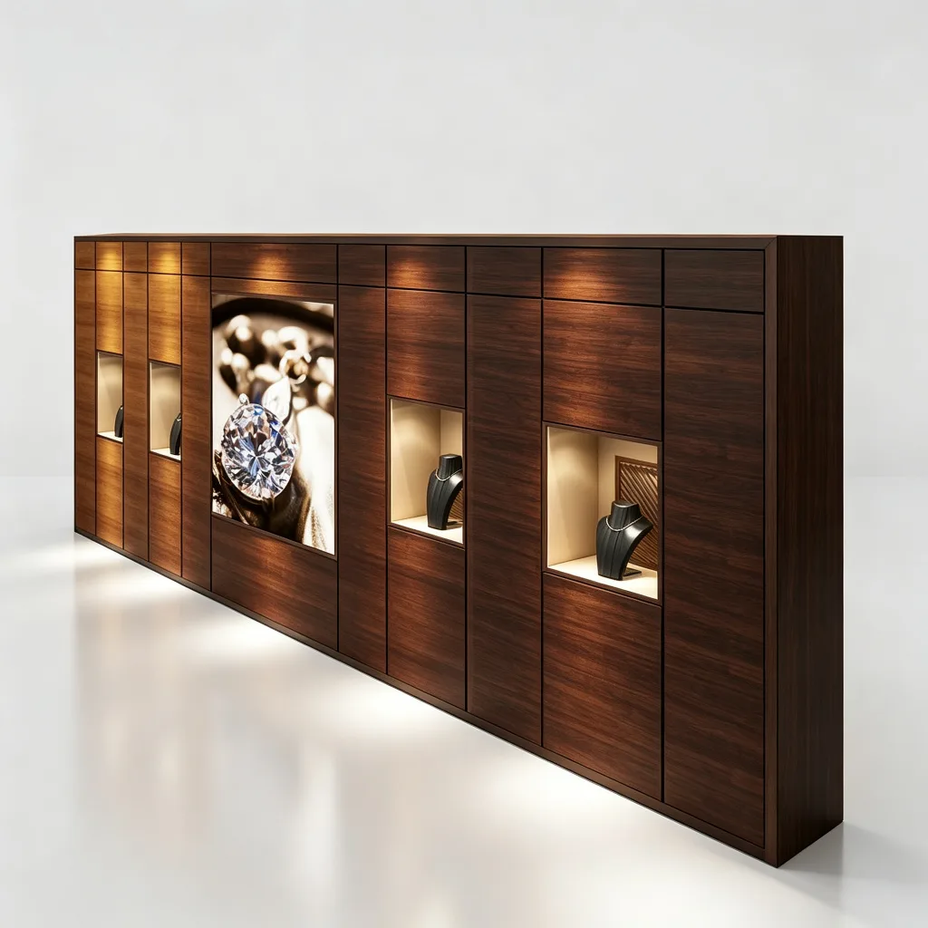 Dark Walnut Jewelry Shop Wall Display Cabinet Recessed Glass Niches LED — view 4