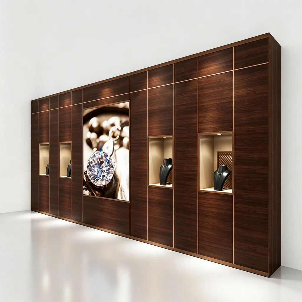 Dark Walnut Jewelry Shop Wall Display Cabinet Recessed Glass Niches LED