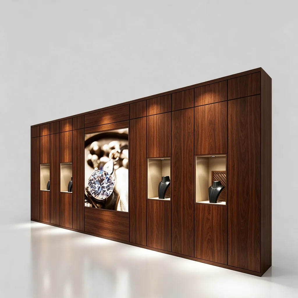 Dark Walnut Jewelry Shop Wall Display Cabinet Recessed Glass Niches LED — view 2