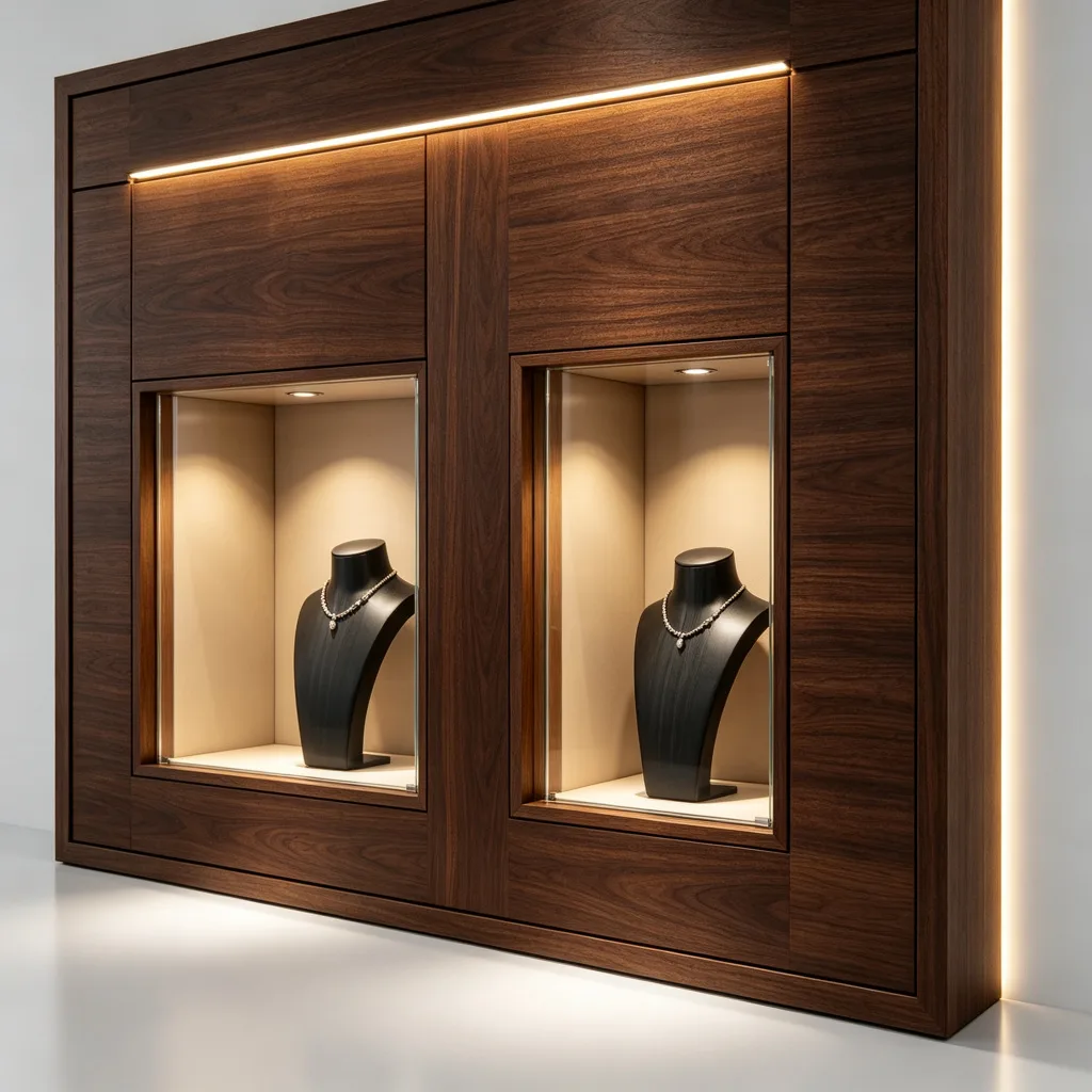 Dark Walnut Jewelry Shop Wall Display Cabinet Recessed Glass Niches LED — view 3
