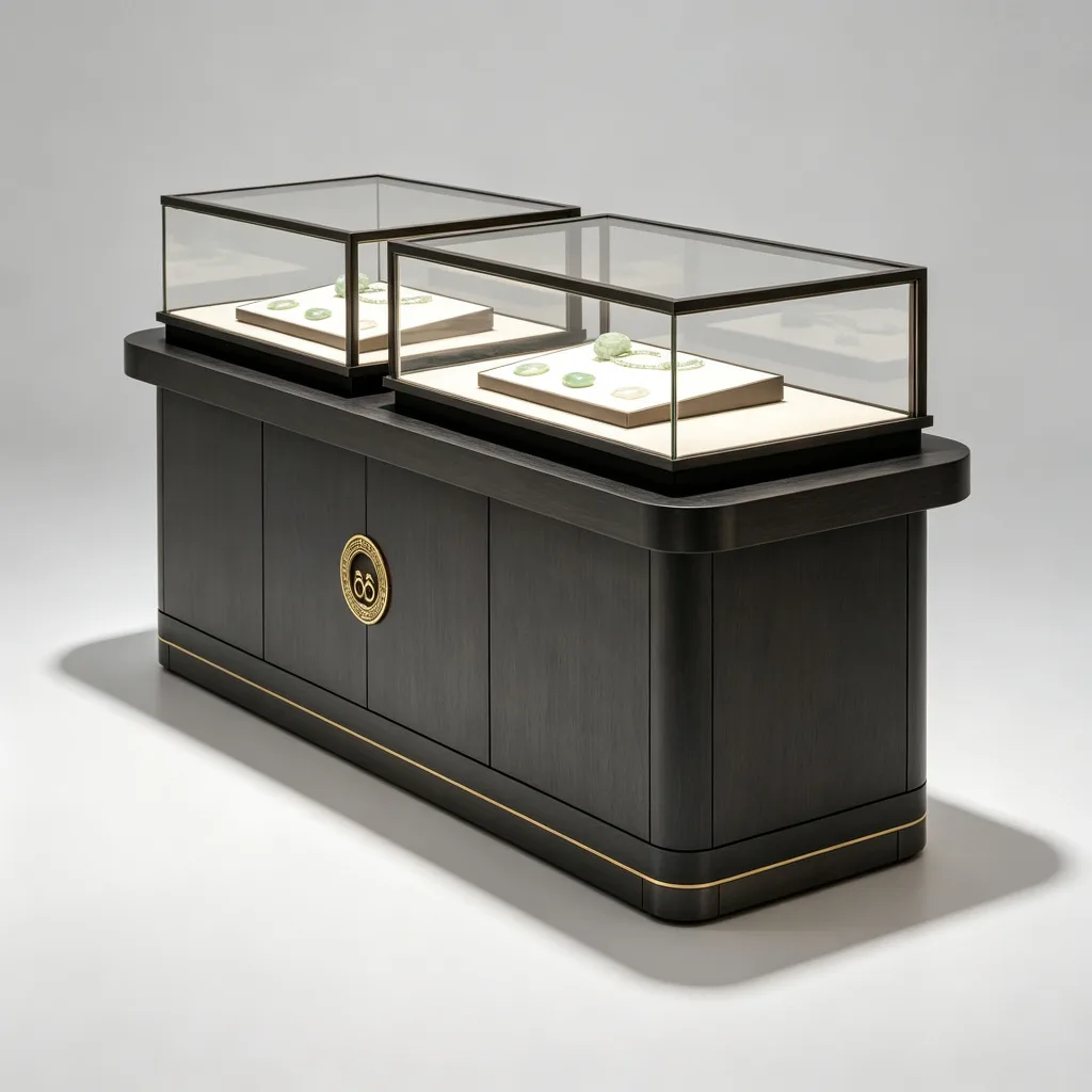 Dark Wood Dual Glass Jade Display Counter Carved Brass Emblem Oriental Style — view 3