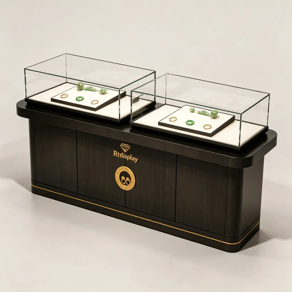 Dark Wood Dual Glass Jade Display Counter Carved Brass Emblem Oriental Style — view 2