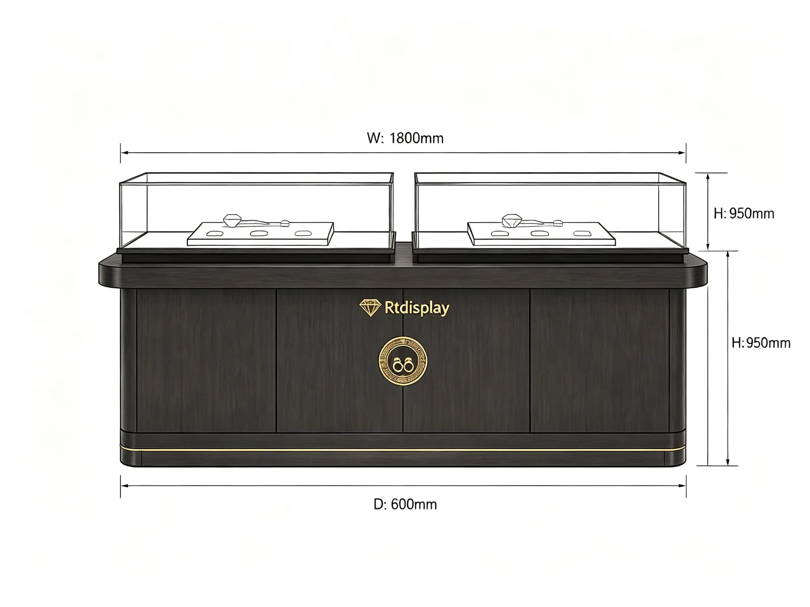 Dark Wood Dual Glass Jade Display Counter Carved Brass Emblem Oriental Style — product detail 1
