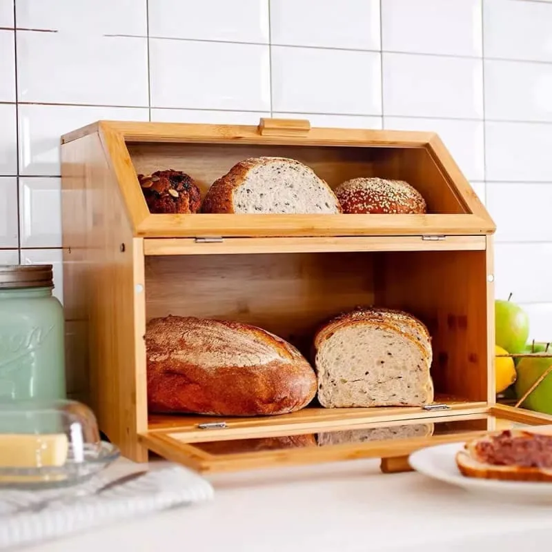 Double Layer Bamboo Countertop Bread Box Clear Lid Pastry Showcase For Bread Shop — view 5