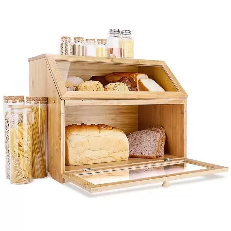 Double Layer Bamboo Countertop Bread Box Clear Lid Pastry Showcase For Bread Shop — view 3